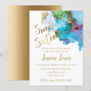 Invitation Douce 16 Seize Anniversaire de fête d'or Aquarelle