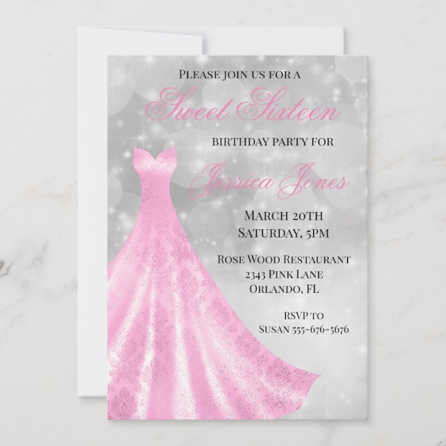 Invitation Douce 16 Seize Anniversaire Robe rose Gown (Devant)