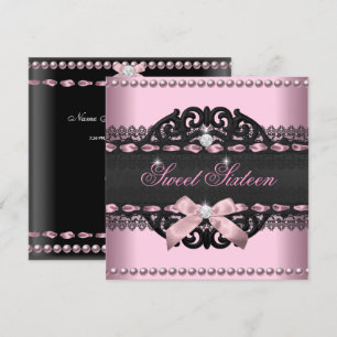 Invitation Douce 16 Seize Ans Rose Noir Ruban en Dentelle