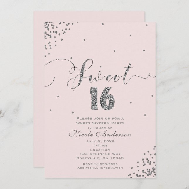 Invitation Douce 16 Seize Rose Pâle Argent Confetti Coin (Devant / Derrière)