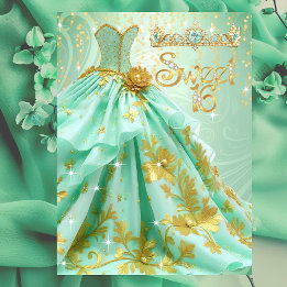 Invitation Douce 16e anniversaire Mint Green Gold robe