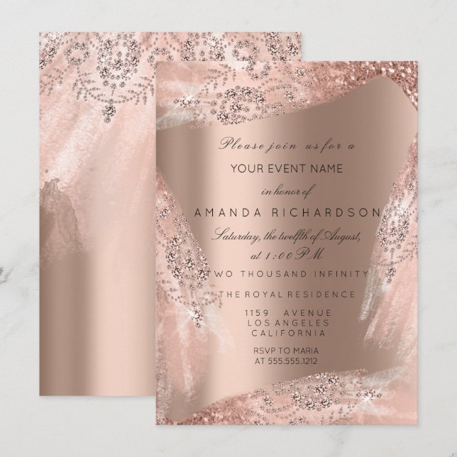 Invitation Douce 16e robe nuptiale Rose or brillant (Devant / Derrière)