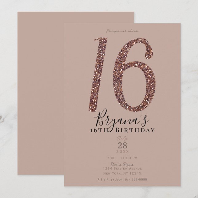 Invitation Douce 16ème 16 Parties scintillant Rose rose rose  (Devant / Derrière)