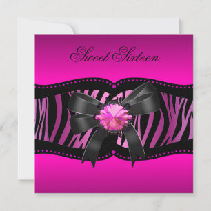 Invitation Douce Anniversaire 16 ans Fête Zèbre Rose Noir