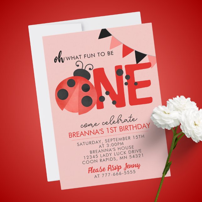 Invitation Douce aquarelle Ladybug 1er fête d'anniversaire (Oh What Fun to Be One Light Salmon Pink and Red 1st Birthday Invitation)