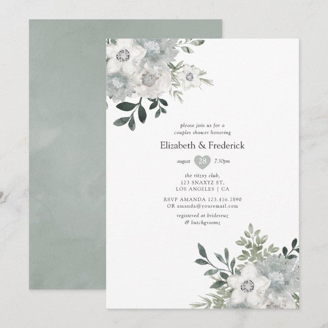 Invitation Douce aquarelle sauge argentée pour la douche de c (Devant / Derrière)