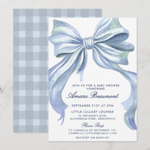Invitation Douce Baby Shower avec un Nœud Bleu et Gingham