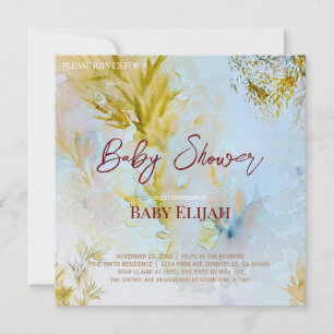 Invitation Douce Baby-Shower Céleste aux Feuilles Aquarelle