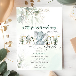 Invitation Douce Baby Shower Éléphant Gris Verdure