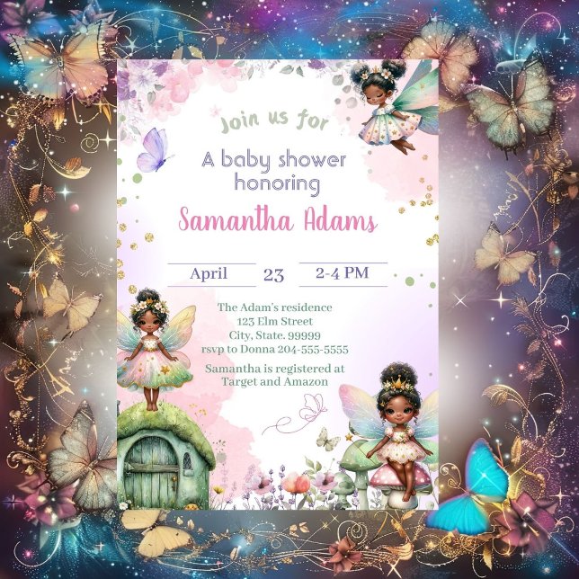 Invitation Douce Baby Shower Fée Afro-Américaine   (Créateur téléchargé)