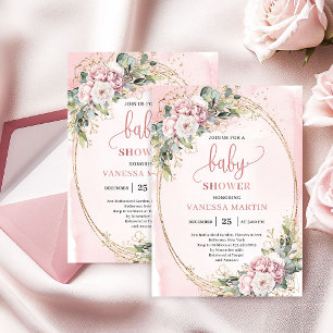 Invitation Douce Baby Shower Fleurie Rose Poussiéreuse Eucaly