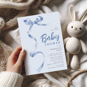Invitation Douce Baby Shower Garçon Ruban Nœud Bleu Mignon
