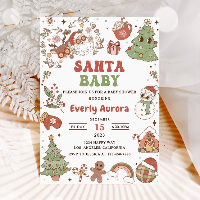 Invitation Douce Baby Shower Groovy Père Noël de Noël (Créateur téléchargé)