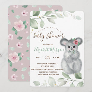 Invitation Douce Baby-Shower Koala aux Roses