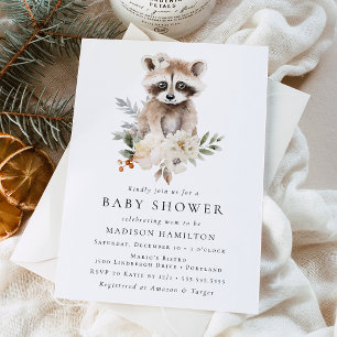 Invitation Douce Baby-Shower Raton Laveur Aquarelle Hiver