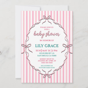 Invitation Douce Baby Shower Ruban Rose et Rayures à l'Aquare