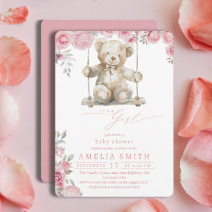 Invitation Douce Balançoire Ours Fille Rose à l'eau Shower