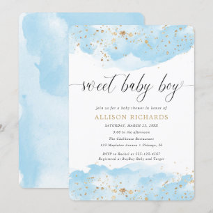 Invitation Douce bébé garçon aquarelle bleu or douche