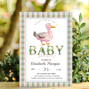 Invitation Douce Canard Vert Rose Carreaux Baby Shower 