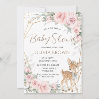 Invitation Douce Cerf Rouge Florale Fille Baby Shower