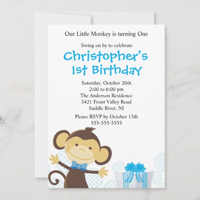 Invitation douce d'anniversaire de singe de garçon (Devant)