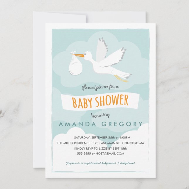 Invitation douce de baby shower de cigogne de la (Devant)