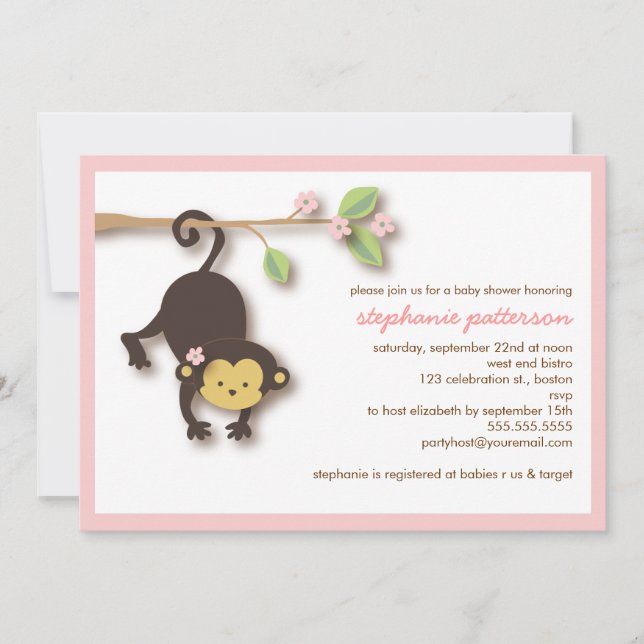 Invitation douce de baby shower de fille de singe (Devant)