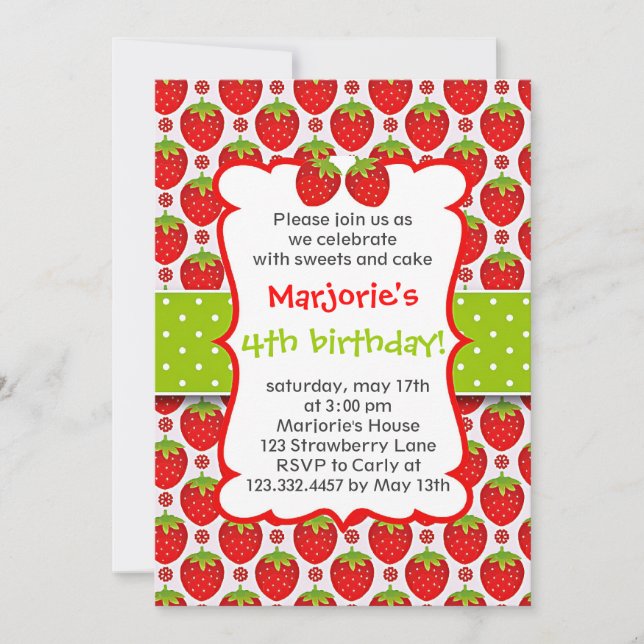 Invitation douce de fête d'anniversaire de fraise (Devant)