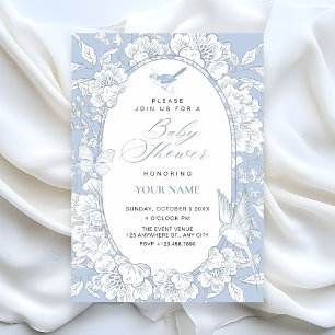 Invitation Douce élégante florale botanique baby shower bleu