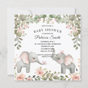 Invitation Douce Éléphant Floral Aquarelle Baby Shower