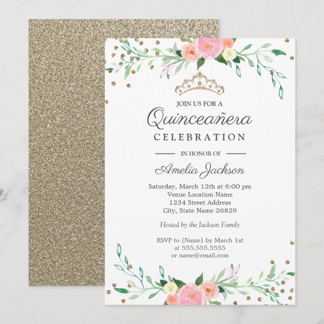 Invitation Douce étincelle florale Confetti Quinceanera (Devant / Derrière)