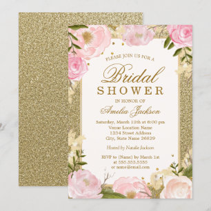 Invitation Douce Étincelle Rose Or Floral Mariage