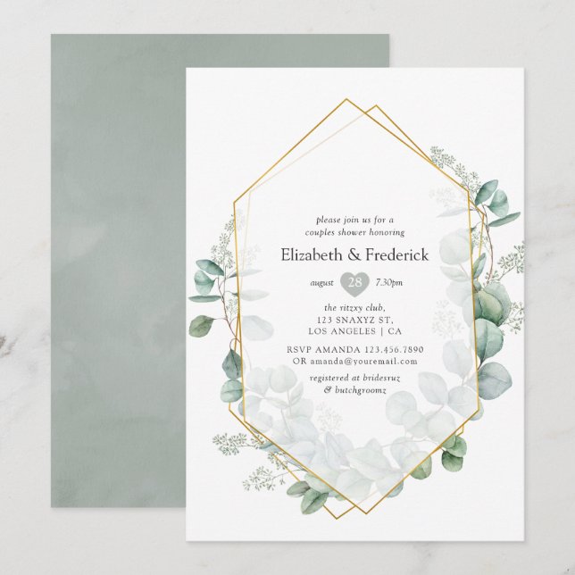 Invitation Douce Eucalyptus Géométrique pour couples sous la  (Devant / Derrière)