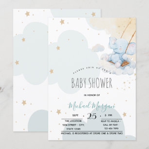 Invitation Douce Fête Bébé Ours en Peluche Bleu Nuages Étoile