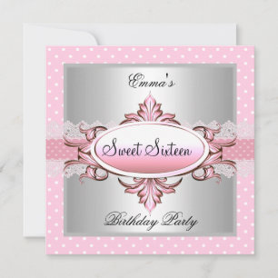 Invitation Douce Fête de 16 ans Argent Rose Blanc Tache