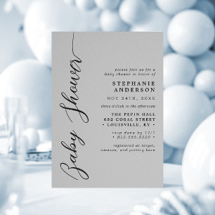 Invitation Douce Fête de Bébé au Thème Gris Moderne Script 