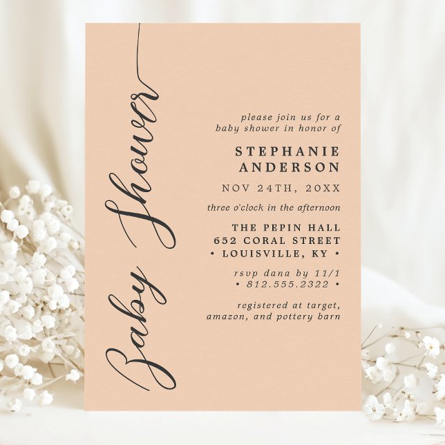 Invitation Douce Fête de Bébé Écriture Moderne Simple Peach (Créateur téléchargé)