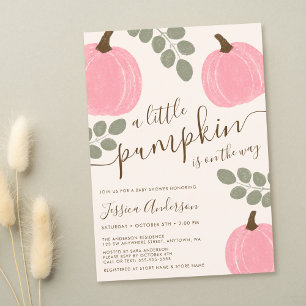 Invitation Douce Fête de Bébé Fille Citrouille Rose Eucalyptu