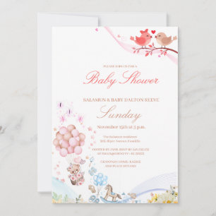 Invitation Douce Fête de Bébé Oiseaux d'Amour Teddy