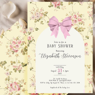 Invitation Douce Fête de Bébé Rose Fleurie Jaune pour Fille