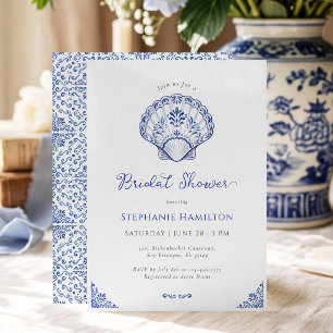 Invitation Douce Fête de Mariage Coquillage Chinoiserie Bleue