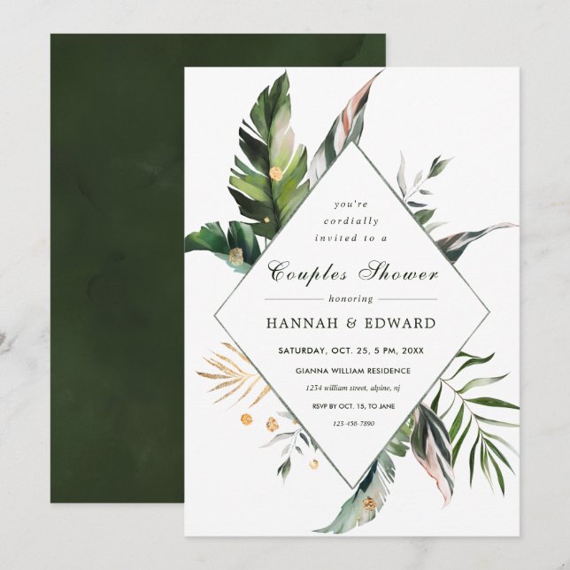 Invitation Douce Fête de Mariage Verte Tropicale pour Couple (Devant / Derrière)