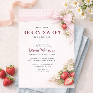 Invitation Douce Fête de Naissance aux Fraises à Carreaux