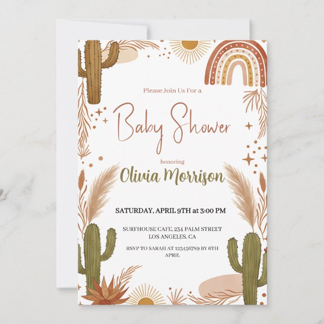 Invitation Douce Fête de Naissance Bohème Désert Cactus, Arc- (Devant)