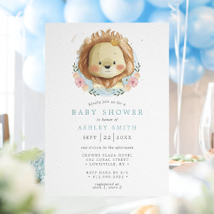 Invitation Douce Fête de Naissance Lion Bleu Floral 