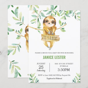 Invitation Douce Fête de Naissance Sloth Garçon avec Feuillag
