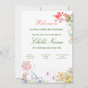 Invitation Douce fête de naissance Teddy Love Birds Premier A