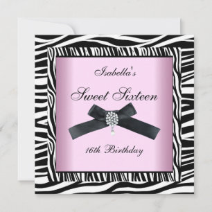 Invitation Douce Fête des 16 ans Rose Noir Blanc Zèbre 5