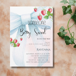 Invitation Douce Fête Prénatale Bleue Ruban Fraise Préparée