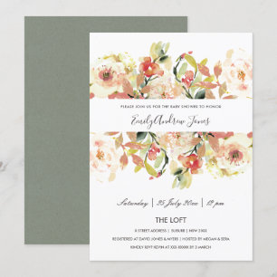 INVITATION DOUCE FÊTE PRÉNATALE FLEURIE A L'AQUARELLE ROSE PÊ